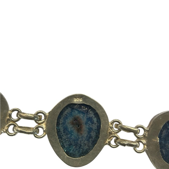 Sterling Silver 925 Blue Agate Druzy Slice Adjustable Toogle Clasp Bracelet - Picture 2 of 13